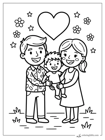 Bold family coloring page with two parents holding a happy child under a heart, stars, and flowers