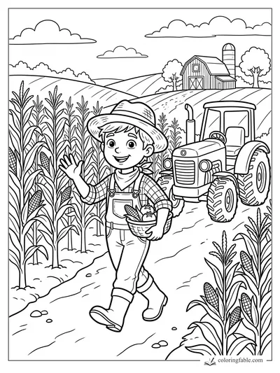 Cartoon farm boy with basket of corn and tomatoes waving beside a tractor, barn, silo, and corn rows.