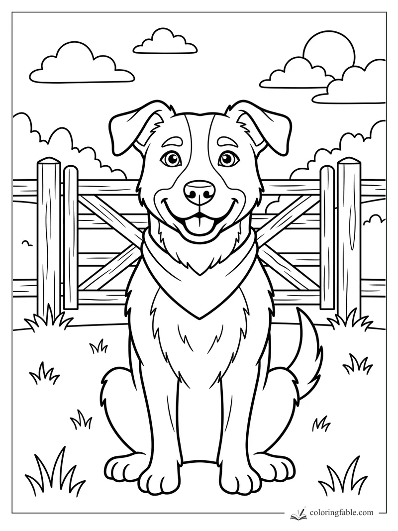 Happy cartoon farm dog in a bandana sitting before a wooden gate, grass, clouds, and sun.