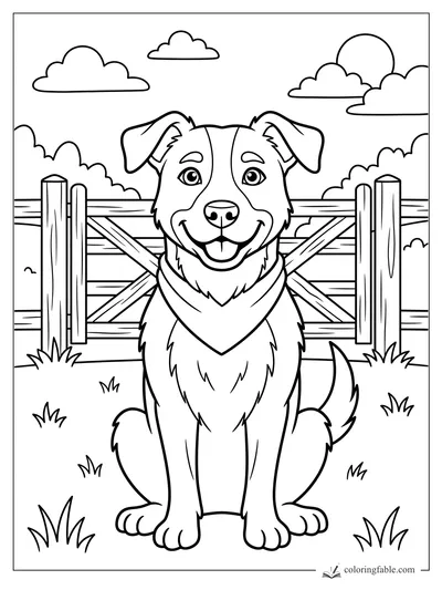 Happy cartoon farm dog in a bandana sitting before a wooden gate, grass, clouds, and sun.