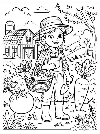 Cartoon farm girl in a sunhat holding a vegetable basket beside a barn, carrots, tomato plants, and trees.