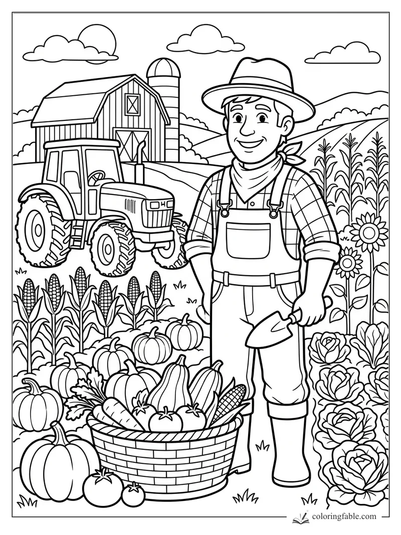 Smiling farmer with trowel, tractor, barn, pumpkins, corn, sunflowers, and a full harvest basket.