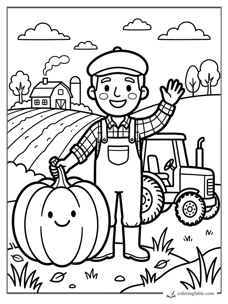 Smiling farmer waving beside a giant pumpkin, tractor, barn, fields, trees, and clouds.