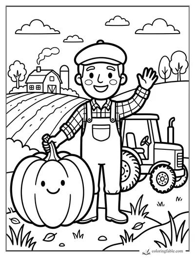 Smiling farmer waving beside a giant pumpkin, tractor, barn, fields, trees, and clouds.