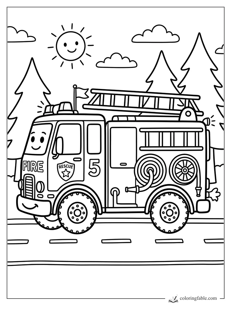 Bold easy coloring page of smiling Fire Truck 5 with ladder, hose reels, pine trees, clouds, and sun.