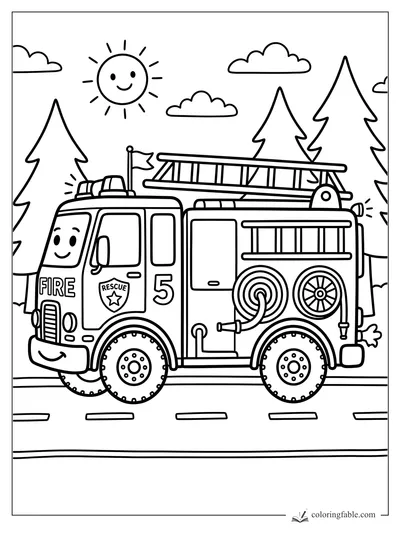 Bold easy coloring page of smiling Fire Truck 5 with ladder, hose reels, pine trees, clouds, and sun.