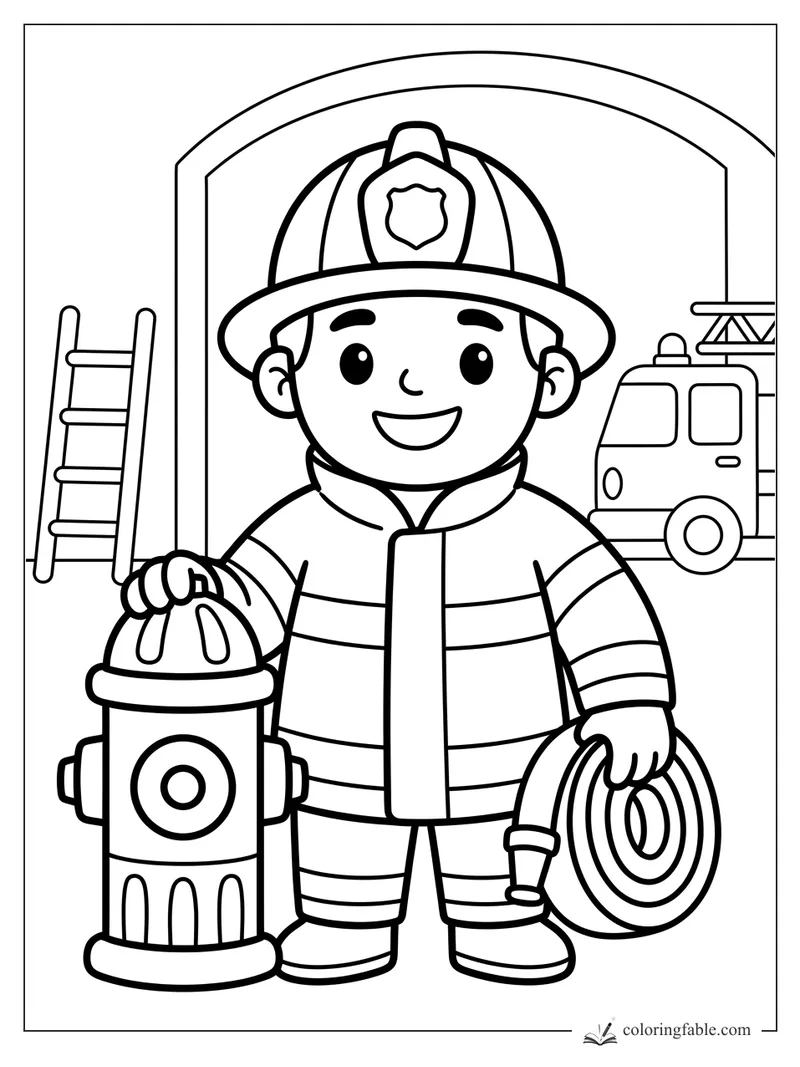 Toddler coloring page of a smiling firefighter holding a hose beside a hydrant, ladder, and fire truck.