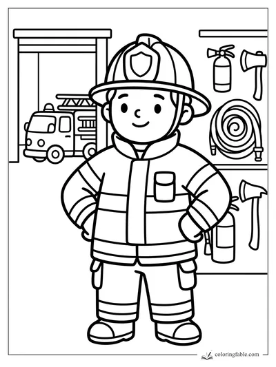 Smiling firefighter in helmet and coat at a station with fire truck, hose, axes, and extinguishers