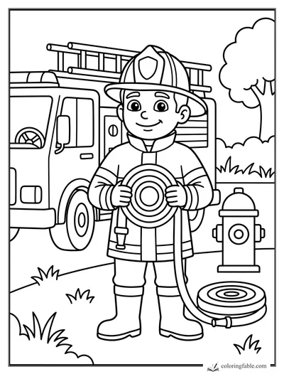 Young firefighter holding a hose beside a fire truck, hydrant, coiled hose, trees, and grass.