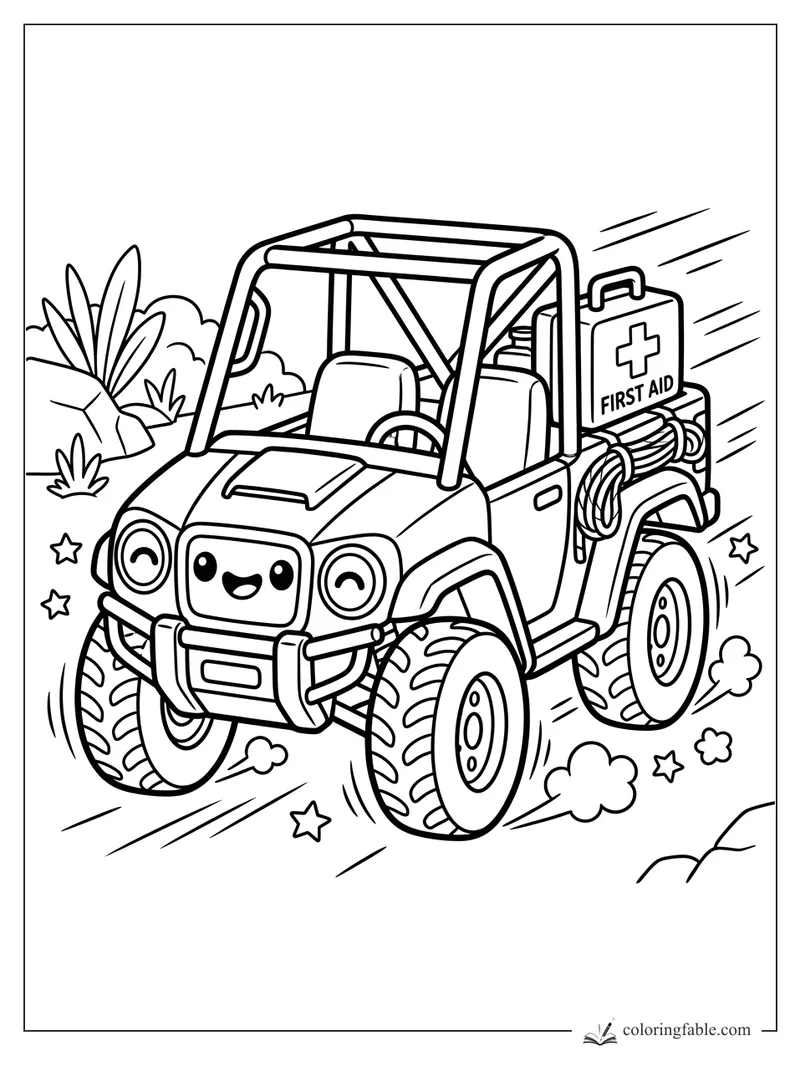 Kawaii first aid jeep bouncing past rocks, plants, stars, and dust clouds on a desert trail.