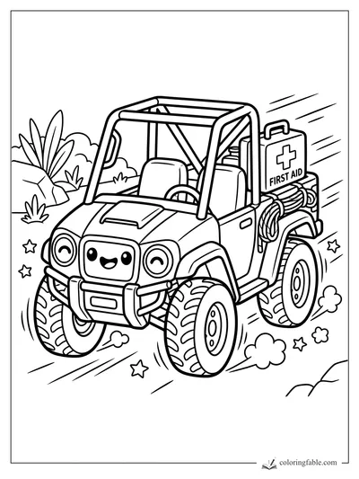 Kawaii first aid jeep bouncing past rocks, plants, stars, and dust clouds on a desert trail.