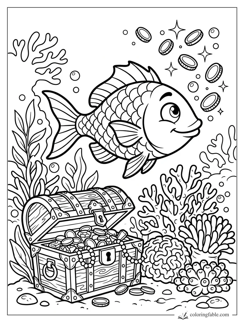 Cartoon fish swimming over an open treasure chest with coins, bubbles, coral, and sea plants.