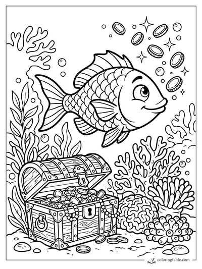 Cartoon fish swimming over an open treasure chest with coins, bubbles, coral, and sea plants.