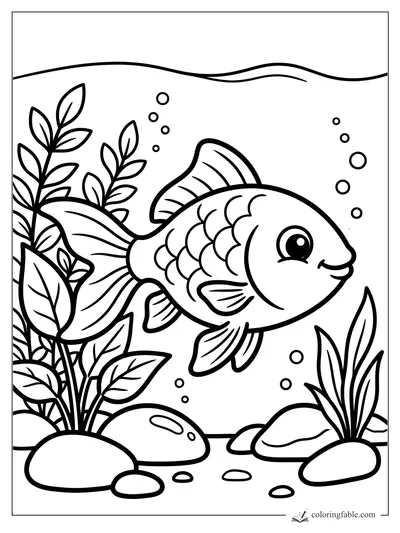 Easy coloring page of a smiling fish with bubbles, leafy water plants, rocks, and a wavy waterline.