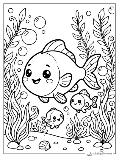 Kawaii big fish with two small fish, tall seaweed, bubbles, pebbles, and a shell on the ocean floor