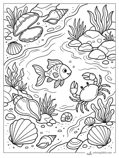 Smiling fish and crab swimming through seaweed, rocks, and many seashells on the ocean floor