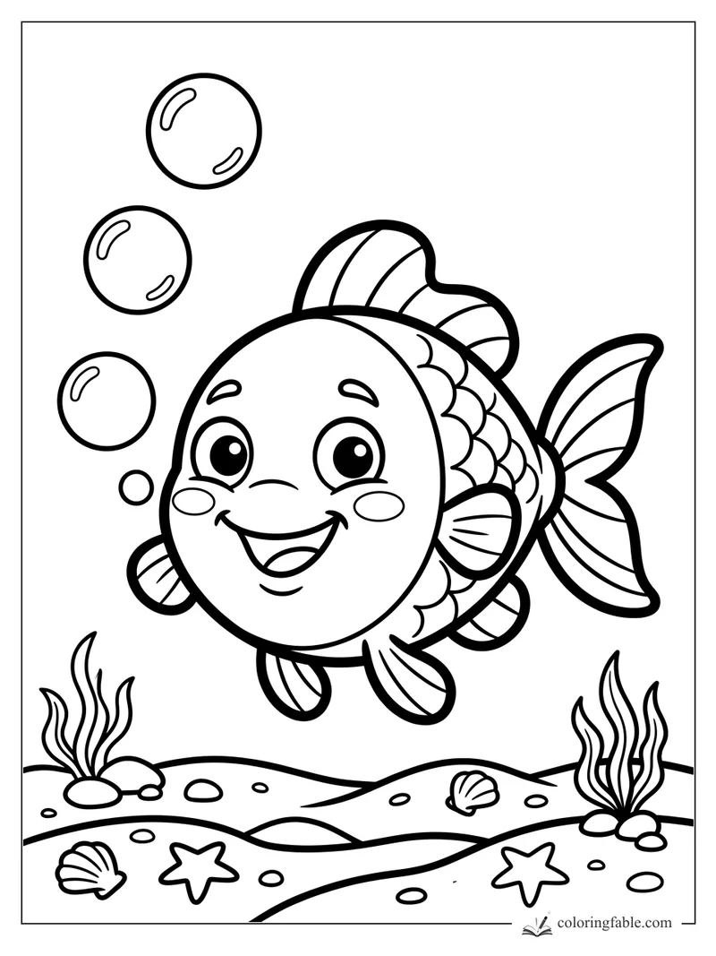 Bold easy coloring page of a smiling fish with bubbles, seaweed, shells, and starfish on the ocean floor.
