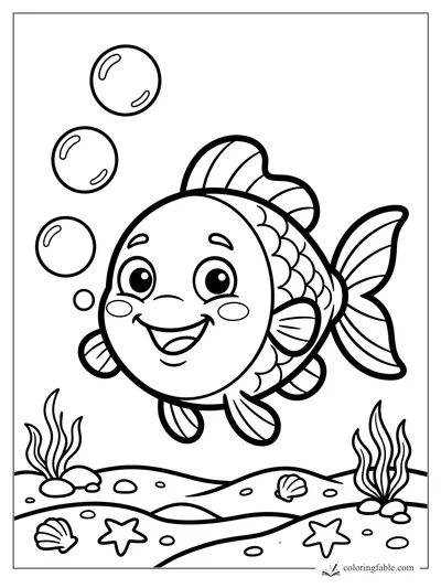 Bold easy coloring page of a smiling fish with bubbles, seaweed, shells, and starfish on the ocean floor.