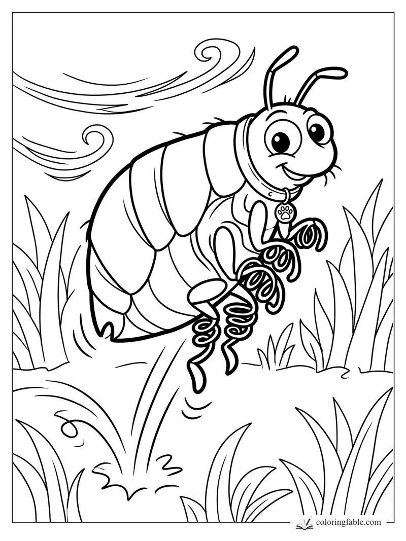 Cartoon flea with springy legs, collar, paw tag, wind swirls, and tall grass.