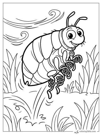 Cartoon flea with springy legs, collar, paw tag, wind swirls, and tall grass.
