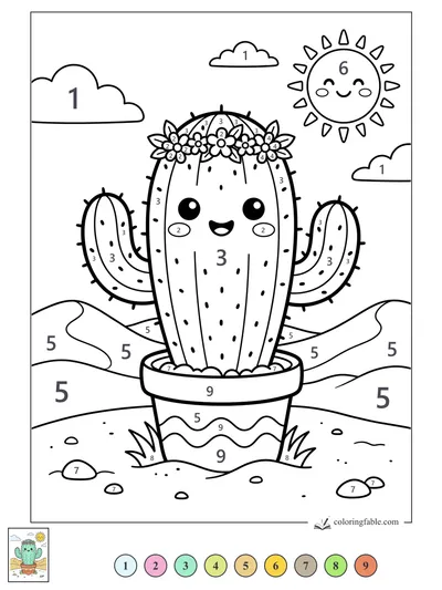 Smiling Flower-Crown Cactus in a Desert Pot — color by number