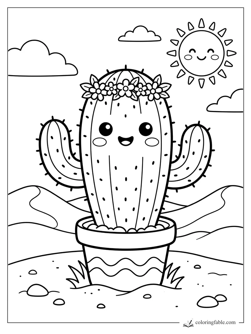 Kawaii cactus with flower crown in a wavy pot, smiling under sun and clouds in the desert