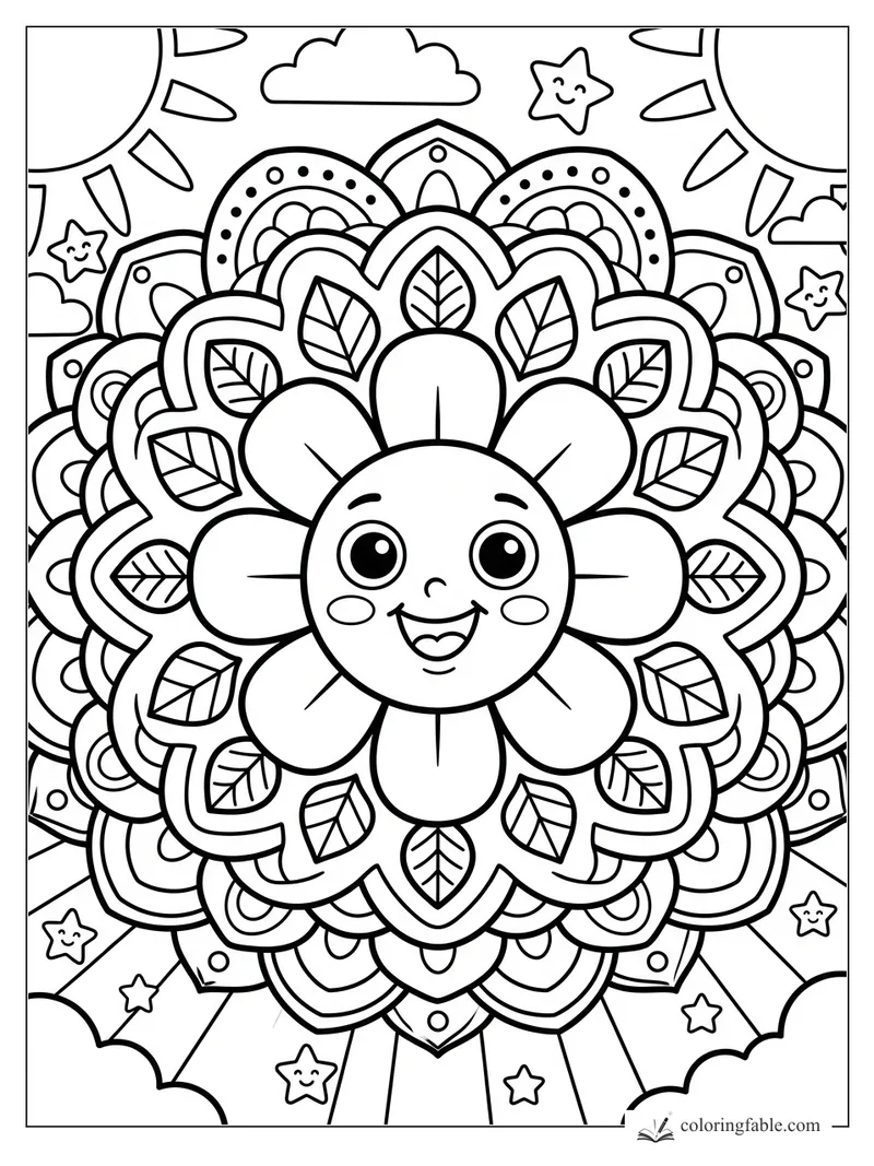 Cartoon flower mandala with smiling face, leafy petals, suns, clouds, and happy stars