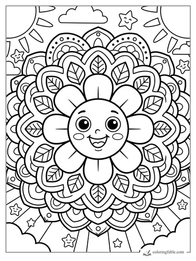 Cartoon flower mandala with smiling face, leafy petals, suns, clouds, and happy stars