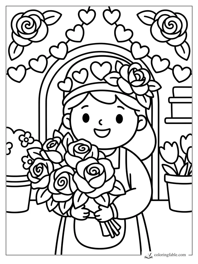 Girl holding a rose bouquet in a cozy flower shop with heart garlands, potted flowers, and roses.
