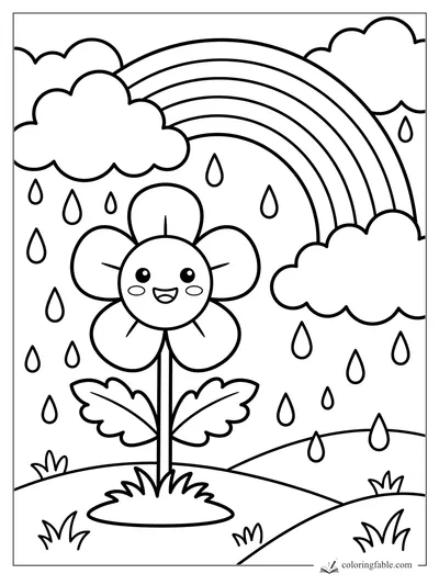 Kawaii smiling flower with five petals, raindrops, clouds, rainbow, leaves, and rolling hills coloring page