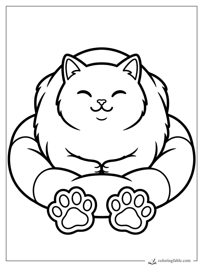 Easy coloring page of a fluffy smiling cat sitting with curled tail and big paw pads