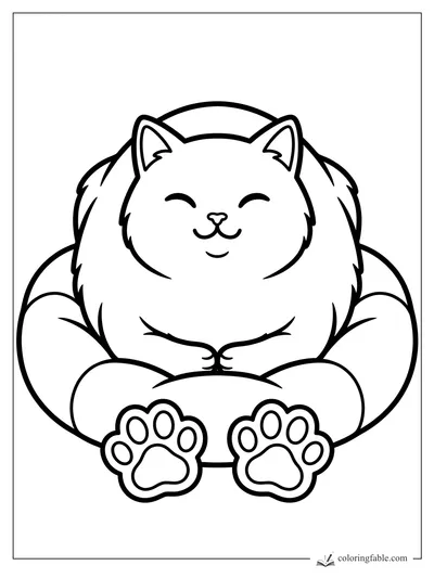 Easy coloring page of a fluffy smiling cat sitting with curled tail and big paw pads
