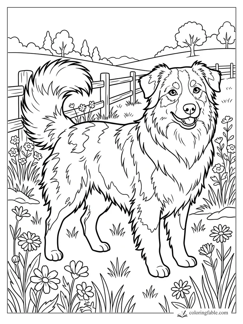 Fluffy smiling dog with curled tail standing by a wooden fence, wildflowers, hills, and trees