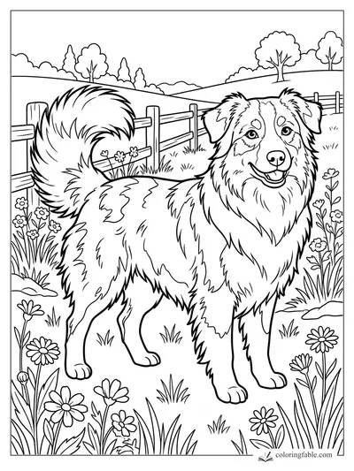 Fluffy smiling dog with curled tail standing by a wooden fence, wildflowers, hills, and trees