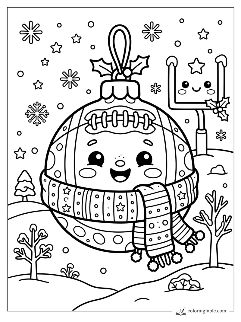 Kawaii football ornament with scarf, holly, snowflakes, stars, and a smiling goalpost in winter hills