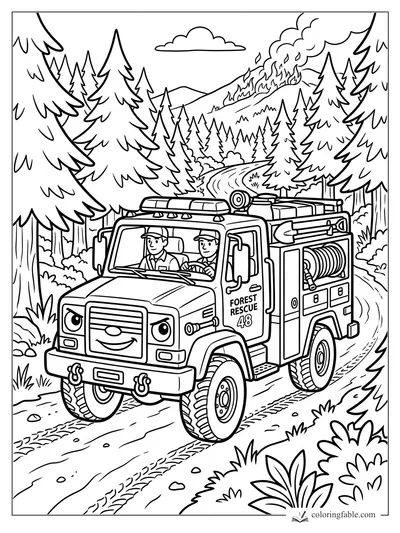 Cartoon forest rescue truck with two crew members driving toward a hillside wildfire among pine trees.