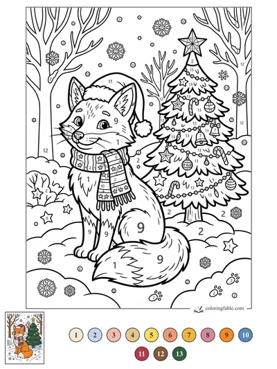 Smiling Fox by a Snowy Christmas Tree — color by number