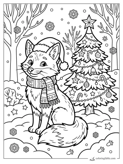 Cartoon fox in a Santa hat and scarf beside a decorated Christmas tree in falling snow.