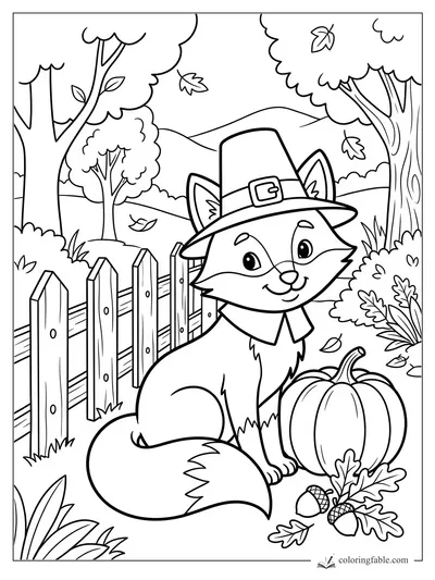 Smiling fox in a tall buckle hat beside a pumpkin, acorns, falling leaves, trees, and a picket fence.