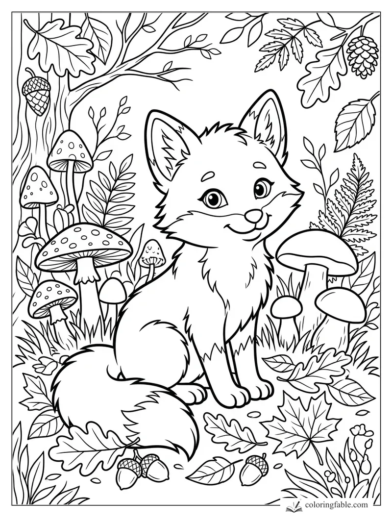 Cute fox sitting among spotted mushrooms, acorns, ferns, oak leaves, and pinecones in a fall forest.