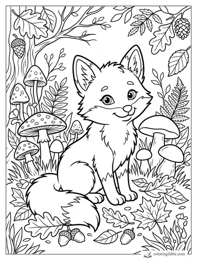 Cute fox sitting among spotted mushrooms, acorns, ferns, oak leaves, and pinecones in a fall forest.