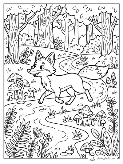 Cartoon fox trotting through a forest path with mushrooms, ferns, flowers, and tall trees