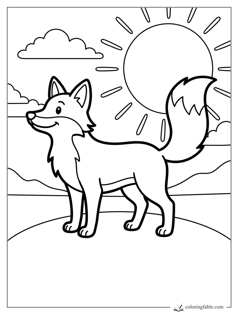 Bold easy fox coloring page with a smiling fox, fluffy tail, clouds, hills, and a big sun.