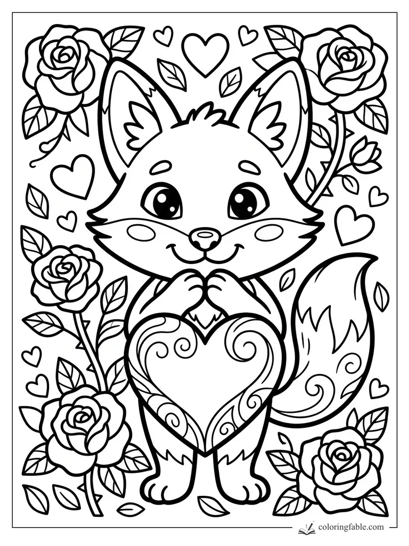 Cute fox holding a swirly heart, surrounded by roses, leaves, and small hearts in sticker style.