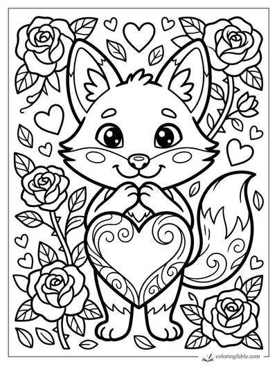 Cute fox holding a swirly heart, surrounded by roses, leaves, and small hearts in sticker style.