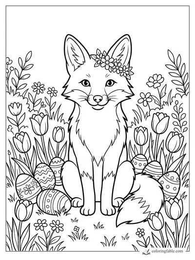 Smiling fox wearing a flower crown among tulips, daisies, tall grass, and patterned Easter eggs