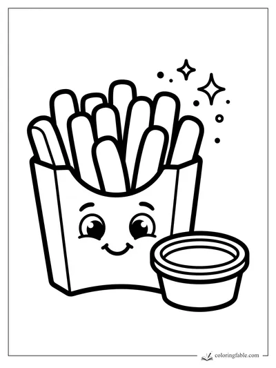 Cute French fries in a carton with a smiling face, dipping cup, dots, and sparkle stars.
