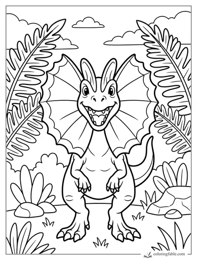 Smiling frilled dinosaur with big ears standing between tall ferns, rocks, grass, and clouds.