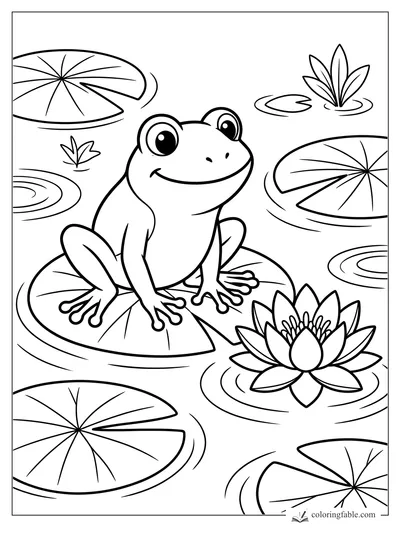 Cartoon frog on a lily pad beside a blooming water lily and floating pond leaves