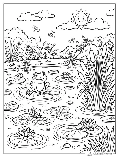 Cartoon frog on a lily pad in a garden pond with cattails, water lilies, dragonflies, clouds, and smiling sun.